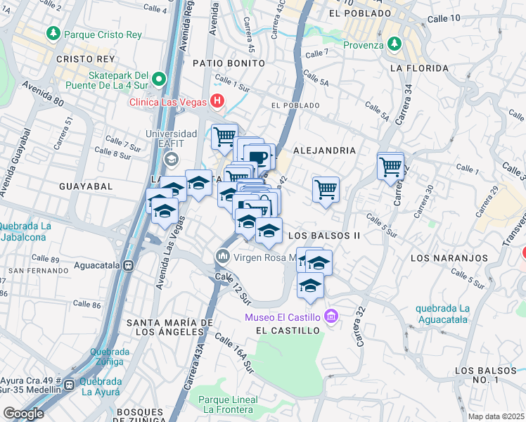 map of restaurants, bars, coffee shops, grocery stores, and more near 42-145 Calle 7 Sur in Medellín