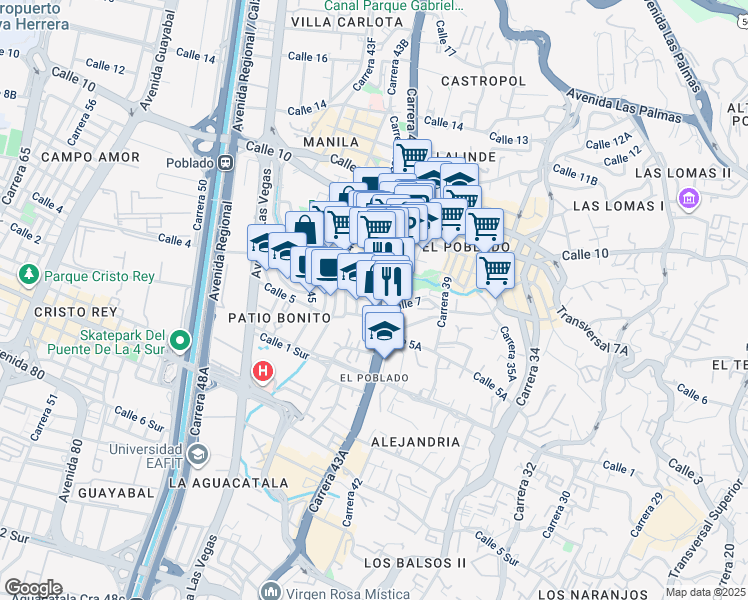 map of restaurants, bars, coffee shops, grocery stores, and more near Avenida El Poblado in Medellín