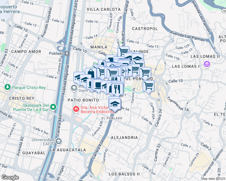 map of restaurants, bars, coffee shops, grocery stores, and more near Avenida El Poblado in Medellín