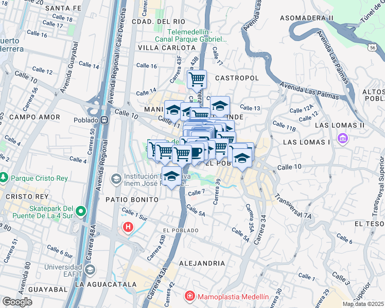 map of restaurants, bars, coffee shops, grocery stores, and more near 99 Avenida El Poblado in Medellín