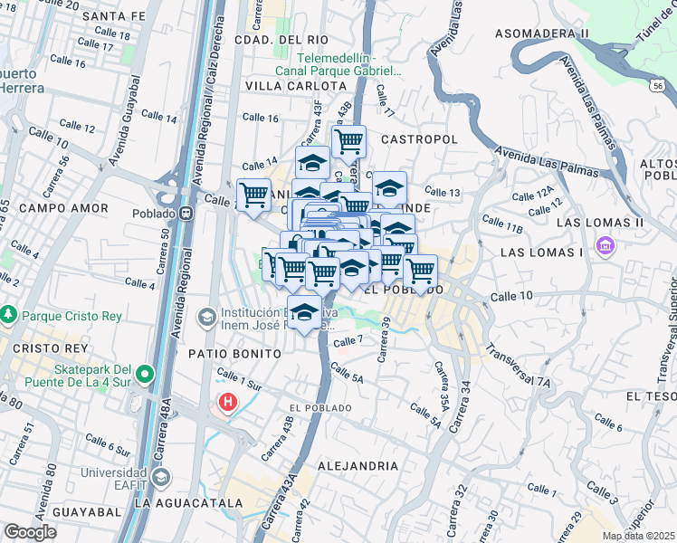 map of restaurants, bars, coffee shops, grocery stores, and more near 99 Avenida El Poblado in Medellín