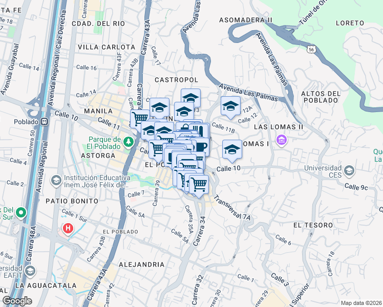map of restaurants, bars, coffee shops, grocery stores, and more near 10a-35 Carrera 36 in Medellín