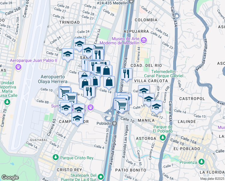 map of restaurants, bars, coffee shops, grocery stores, and more near 1450 Carrera 49 in Medellín