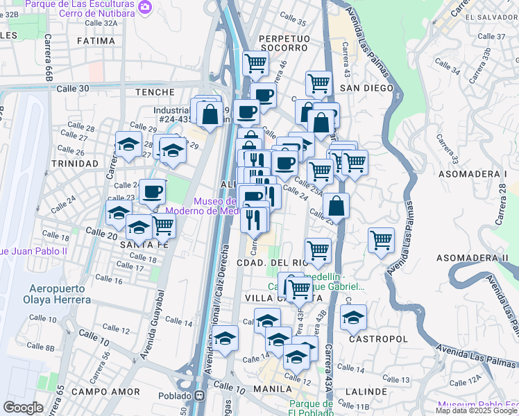 map of restaurants, bars, coffee shops, grocery stores, and more near 20-22 Carrera 44 in Medellín