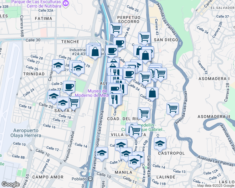 map of restaurants, bars, coffee shops, grocery stores, and more near 20-22 Carrera 44 in Medellín