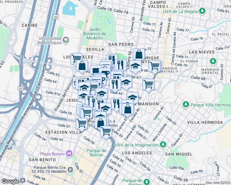 map of restaurants, bars, coffee shops, grocery stores, and more near Calle 64 in Medellín