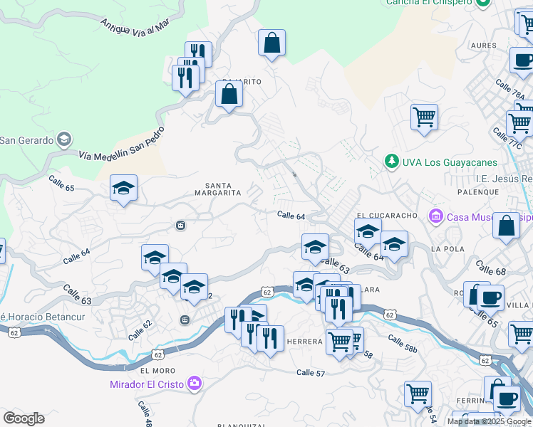 map of restaurants, bars, coffee shops, grocery stores, and more near Calle 64 in Medellín