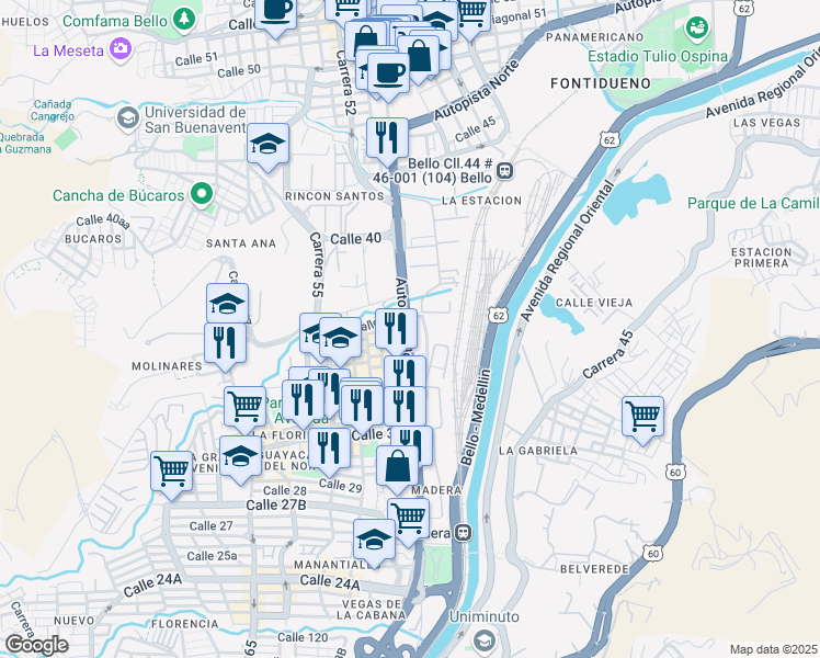 map of restaurants, bars, coffee shops, grocery stores, and more near 50-205 Calle 40 in Bello