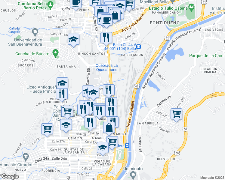 map of restaurants, bars, coffee shops, grocery stores, and more near 38a-185 Carrera 50 in Bello