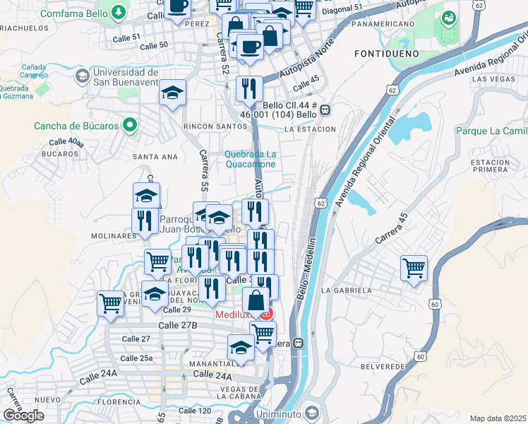map of restaurants, bars, coffee shops, grocery stores, and more near 38a-185 Carrera 50 in Bello