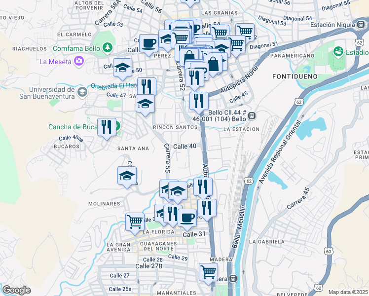 map of restaurants, bars, coffee shops, grocery stores, and more near 50-205 Calle 40 in Bello