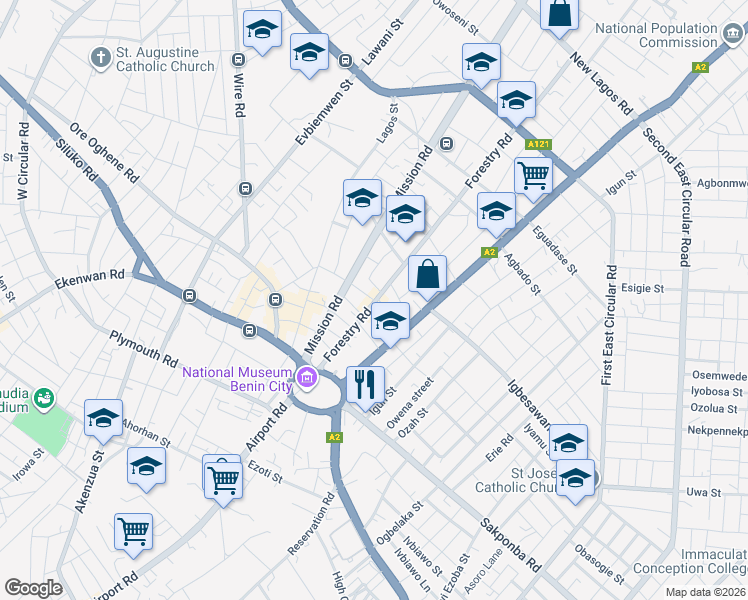 map of restaurants, bars, coffee shops, grocery stores, and more near Ugbague Street in Benin City