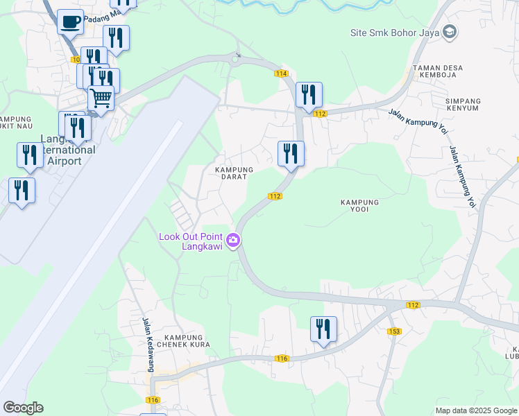 map of restaurants, bars, coffee shops, grocery stores, and more near Jalan Padang Matsirat in Langkawi