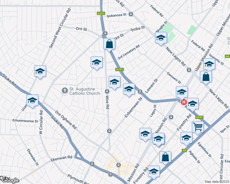 map of restaurants, bars, coffee shops, grocery stores, and more near Wire Road in Benin City