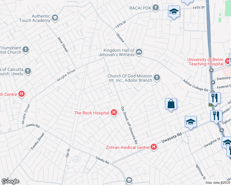 map of restaurants, bars, coffee shops, grocery stores, and more near Ojo Street, off Uwasota Road in Benin City