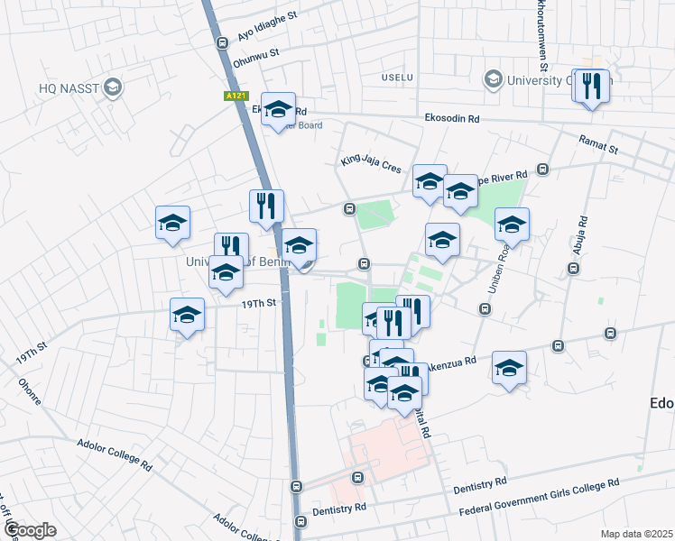 map of restaurants, bars, coffee shops, grocery stores, and more near Uniben Road in Benin City
