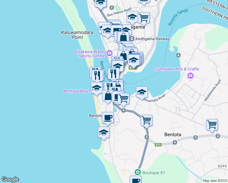 map of restaurants, bars, coffee shops, grocery stores, and more near Colombo - Galle - Hambantota - Wellawaya Highway in Bentota