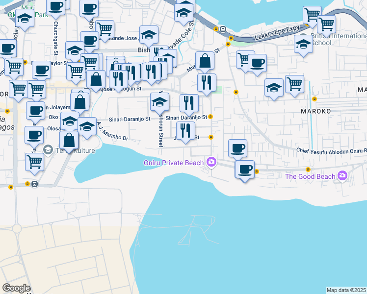 map of restaurants, bars, coffee shops, grocery stores, and more near Akin Ogunlewe Road in Lagos