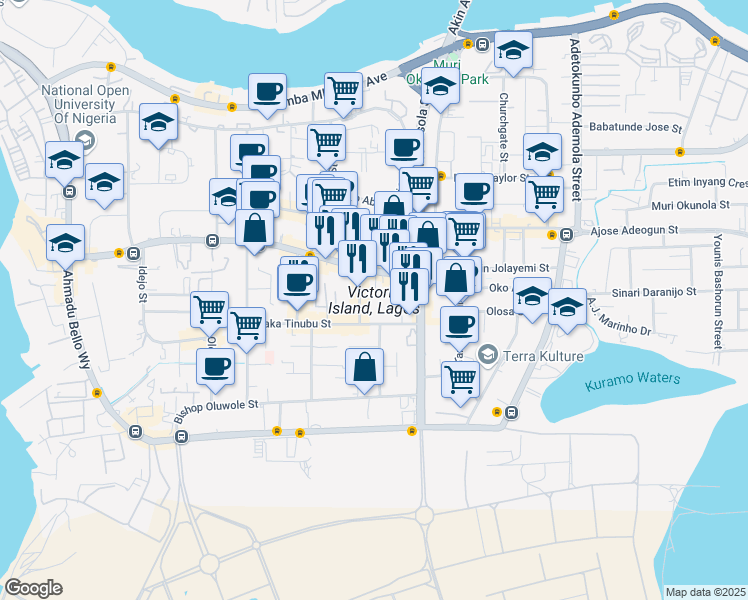 map of restaurants, bars, coffee shops, grocery stores, and more near in Lagos