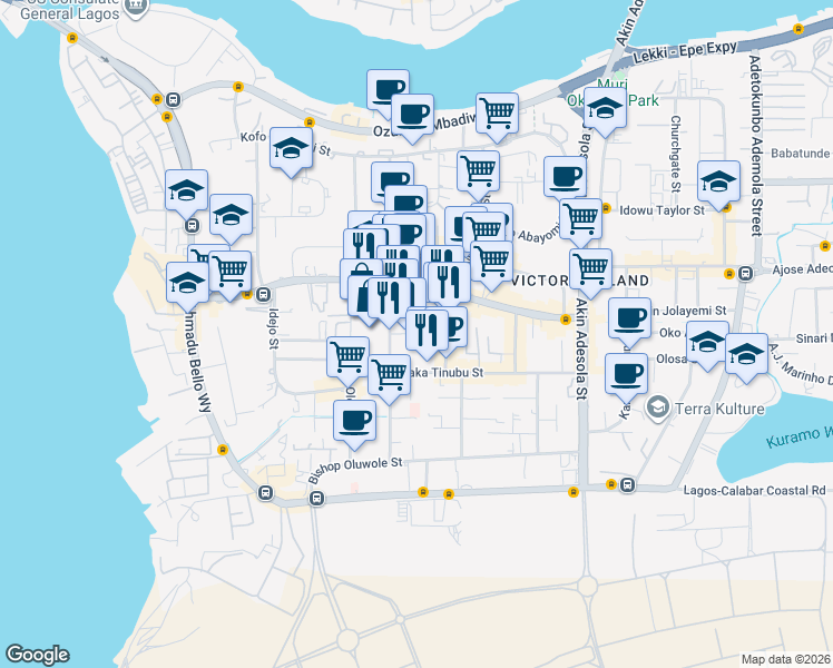 map of restaurants, bars, coffee shops, grocery stores, and more near Abagbon Close in Lagos