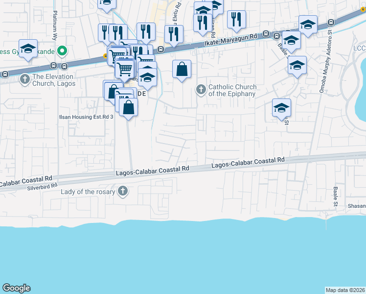 map of restaurants, bars, coffee shops, grocery stores, and more near Saka Oluwa Street in Lekki