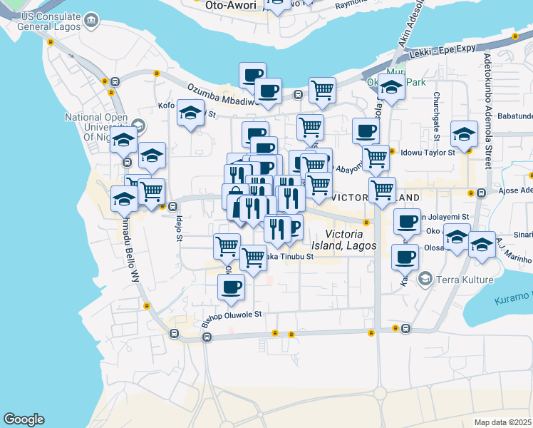 map of restaurants, bars, coffee shops, grocery stores, and more near in 