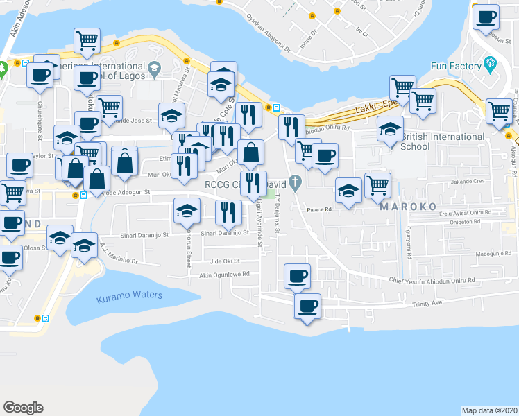 map of restaurants, bars, coffee shops, grocery stores, and more near Ligali Ayorinde Street in Lagos
