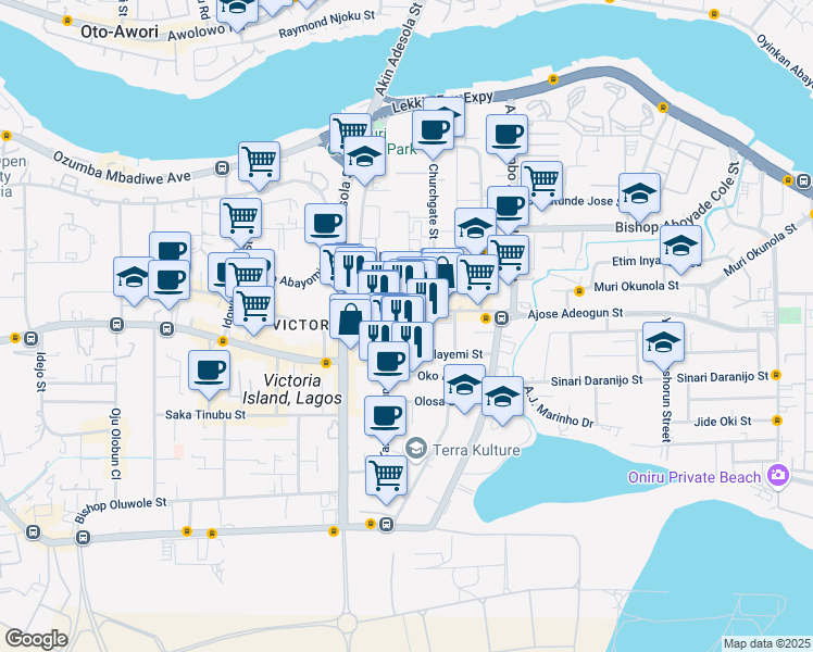 map of restaurants, bars, coffee shops, grocery stores, and more near PLOT 1682 Sanusi Fafunwa St in Lagos