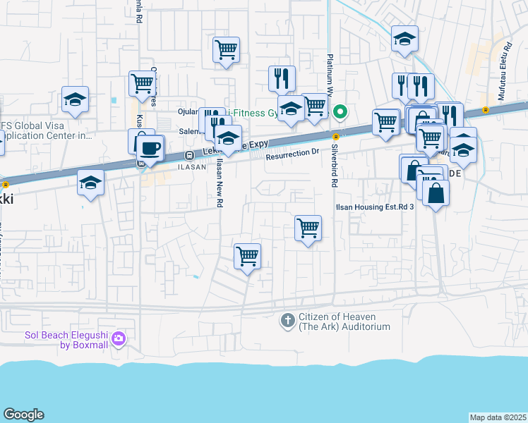 map of restaurants, bars, coffee shops, grocery stores, and more near Yemi Adetayo Link Road in Lekki