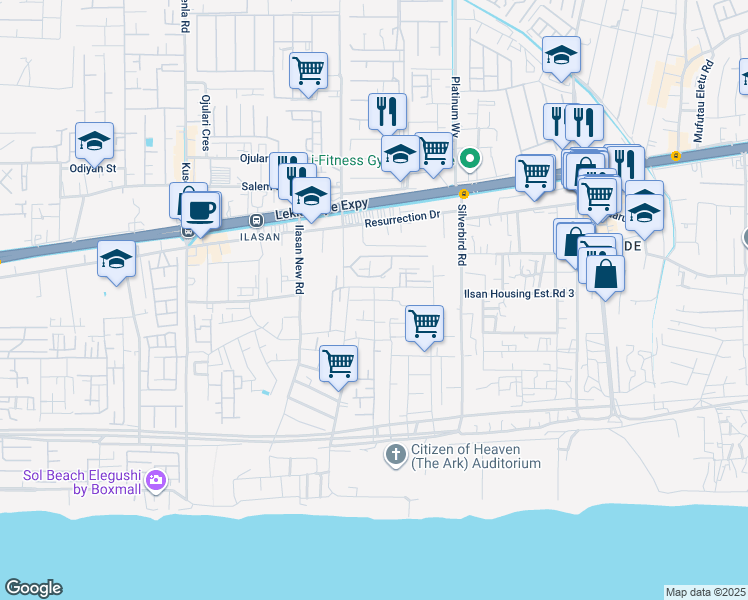 map of restaurants, bars, coffee shops, grocery stores, and more near Yemi Adetayo Link Road in Lekki
