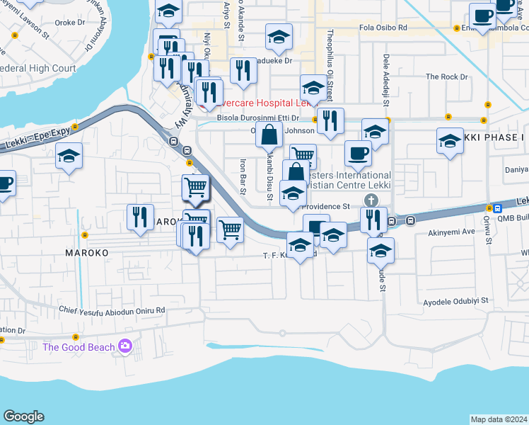 map of restaurants, bars, coffee shops, grocery stores, and more near 1 Lekki - Epe Expressway in Lagos