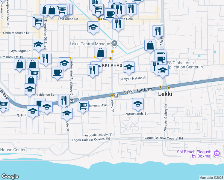 map of restaurants, bars, coffee shops, grocery stores, and more near in Sangotedo
