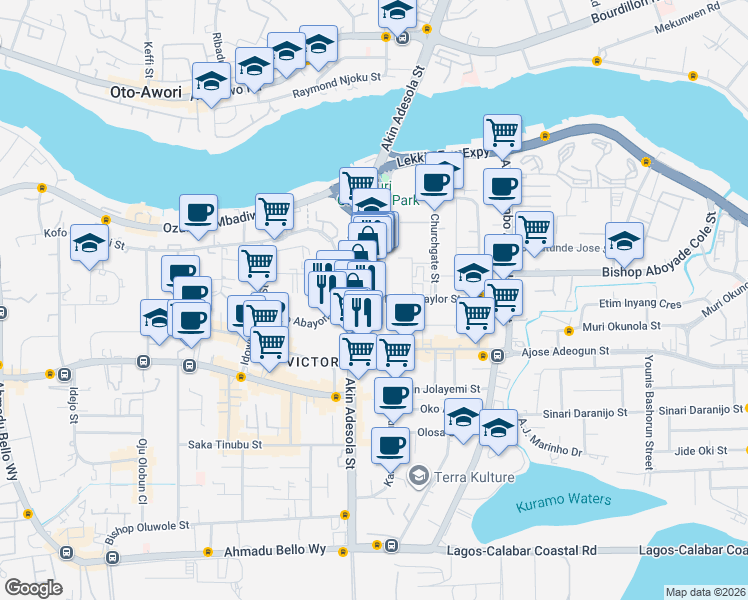 map of restaurants, bars, coffee shops, grocery stores, and more near 2 Idowu Taylor Street in Lagos