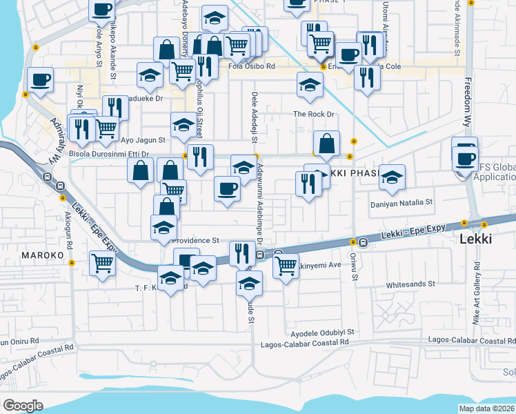 map of restaurants, bars, coffee shops, grocery stores, and more near Ladipo Omotesho Cole Street in Lekki
