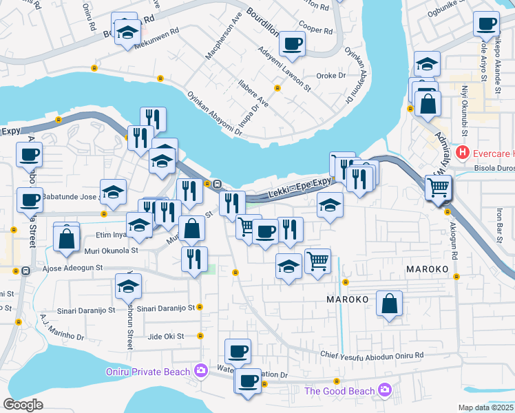 map of restaurants, bars, coffee shops, grocery stores, and more near Abila Abiodun Oniru Road in Lagos