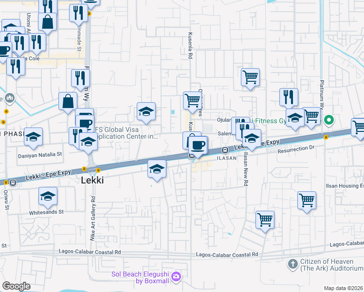 map of restaurants, bars, coffee shops, grocery stores, and more near Kusenla Road in Lekki