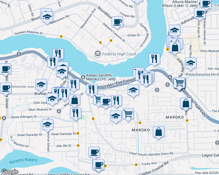 map of restaurants, bars, coffee shops, grocery stores, and more near Lekki - Epe Expressway in Lagos