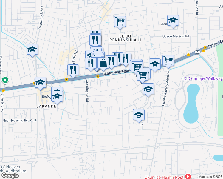 map of restaurants, bars, coffee shops, grocery stores, and more near Sunview Street in Lekki