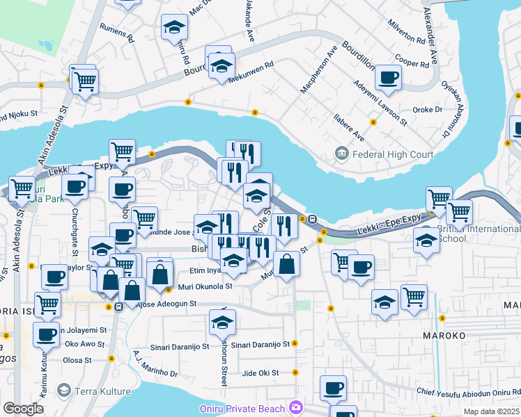 map of restaurants, bars, coffee shops, grocery stores, and more near 866D Bishop Aboyade Cole Street in Lekki
