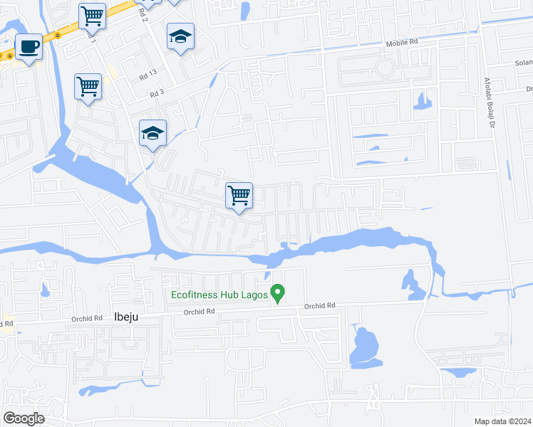 map of restaurants, bars, coffee shops, grocery stores, and more near 12 Ogombo Road in Lagos