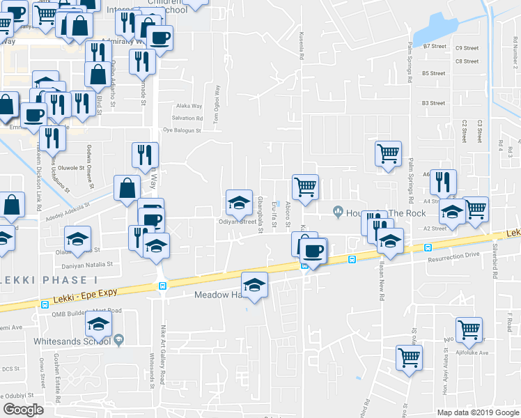 map of restaurants, bars, coffee shops, grocery stores, and more near Gbangbala Lane in Ikeja
