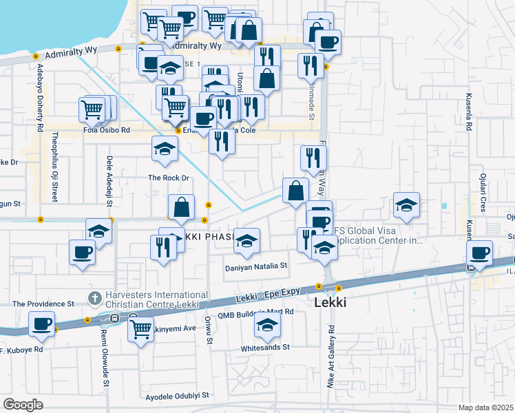 map of restaurants, bars, coffee shops, grocery stores, and more near Adedeji Adekola Street in Lekki
