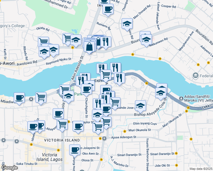 map of restaurants, bars, coffee shops, grocery stores, and more near Ozumba Mbadiwe Road in Lekki