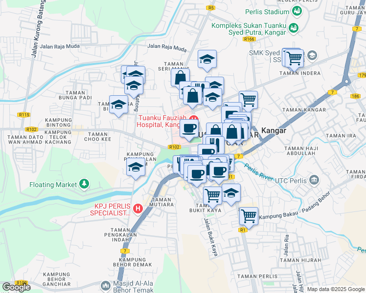 map of restaurants, bars, coffee shops, grocery stores, and more near Jalan Tun Abdul Razak in Kangar