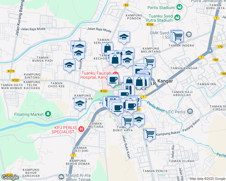 map of restaurants, bars, coffee shops, grocery stores, and more near Jalan Tun Abdul Razak in Kangar
