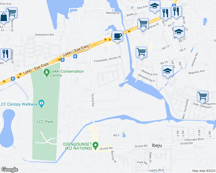 map of restaurants, bars, coffee shops, grocery stores, and more near Orchid Road in Lekki