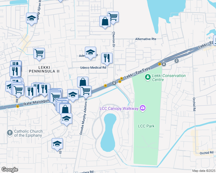 map of restaurants, bars, coffee shops, grocery stores, and more near Lekki - Epe Express Road in Lekki