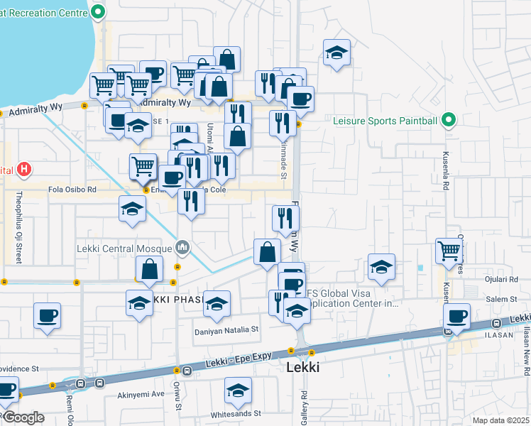map of restaurants, bars, coffee shops, grocery stores, and more near 1 Lekki - Epe Expressway in Lagos