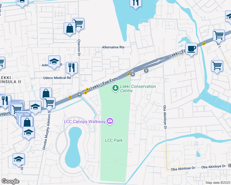 map of restaurants, bars, coffee shops, grocery stores, and more near Km 19 Lekki - Epe Expressway in Lekki