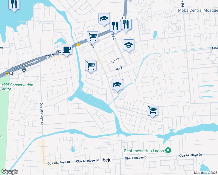 map of restaurants, bars, coffee shops, grocery stores, and more near Orchid Road in Lekki